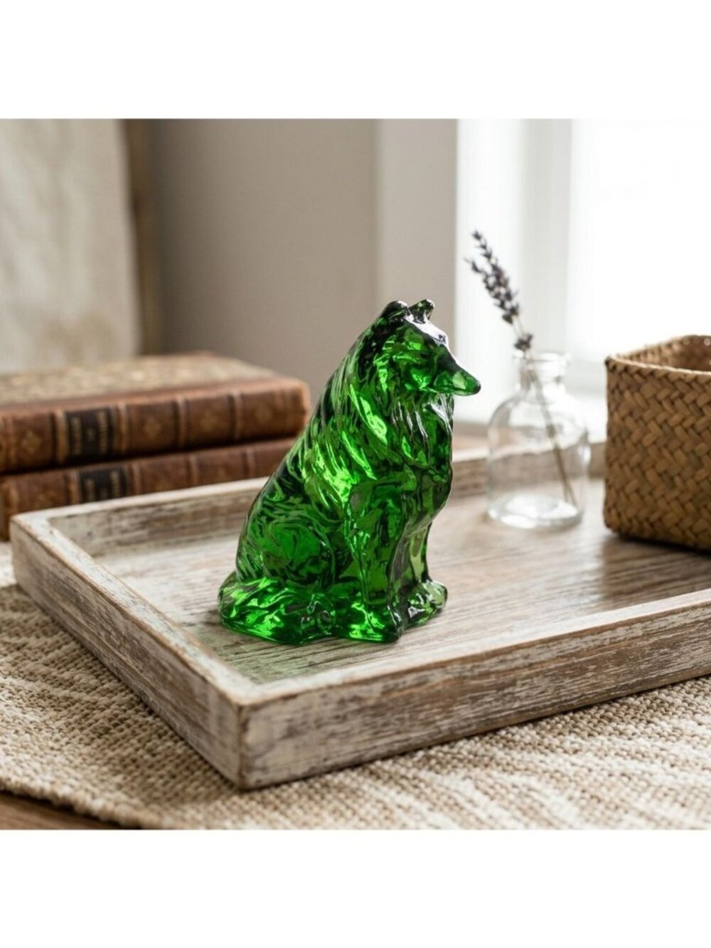 Vintage Mosser Glass Emerald Green Collie Dog Figurine Seated Shepherd 3.75"